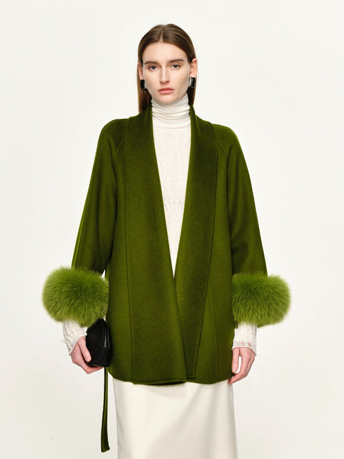20% Cashmere Double-Faced Wool Coat for Women – Short Vintage Green Overcoat with Fox Fur Cuffs