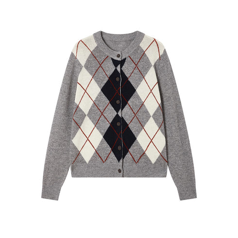 Australian Merino Wool Plaid Cardigan | Vintage Drop-Shoulder Intellectual-Style Knitwear for Women