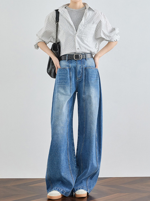 Women's High-Waist Extended Curved Seam Jeans – Loose Wide-Leg Scythe Pants for Tal