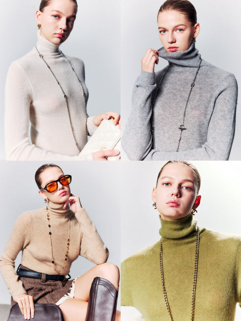 100% Cashmere Sequined Turtleneck Knit Top – Soft, Skin-Friendly Luxury Winter Sweater