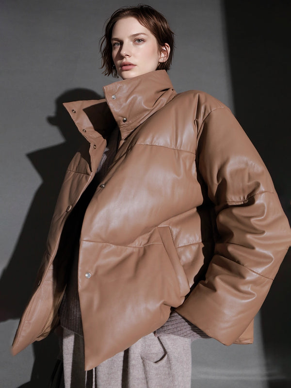 Women’s Genuine Sheepskin Down Jacket | Stand Collar White Goose Down Leather Coat for Fall and Winter