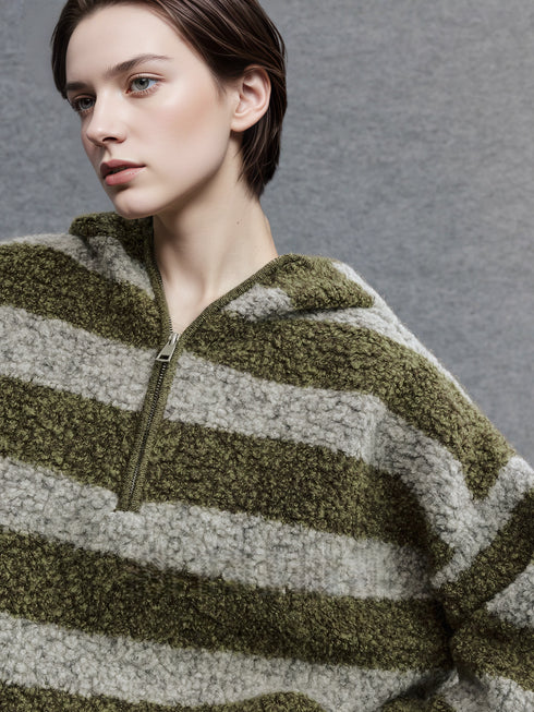Pure Wool Hooded Striped Sweater for Women | Relaxed Half-Zip Loose-Fit Textured Knit Pullover
