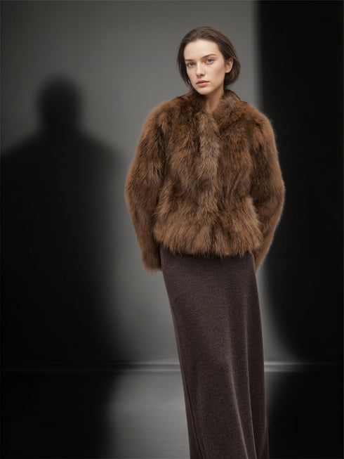Women’s Raccoon Fur Jacket | Short Two-Tone Ombre V-Neck Winter Coat