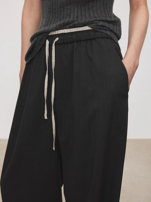 Women's Striped Balloon Pants – Italian Machine-Washable Wool & Linen Blend Elastic Waist Curved Hem Trousers
