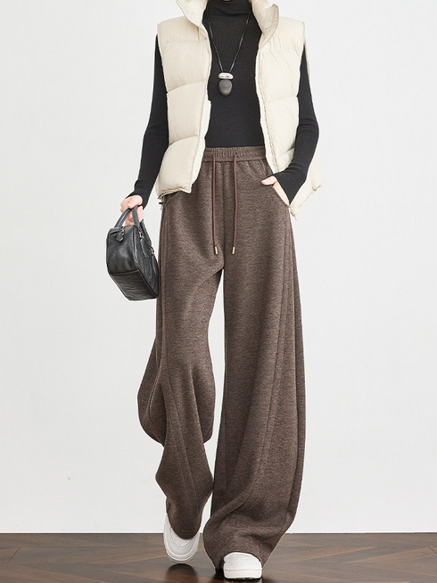 Women's Mocha Brown Wool Sweatpants – Thick Winter Old-Money Style Curved-Leg Athletic Trousers