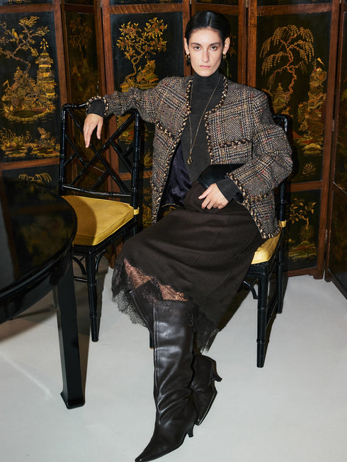 Italian VBC Wool Flannel Skirt for Women | French Lace, Elastic Waist, Straight Midi Skirt