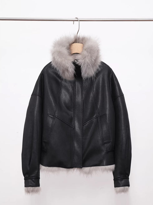 Women’s Reversible Suede Jacket with Raccoon Fur Collar | Short Winter Biker Coat