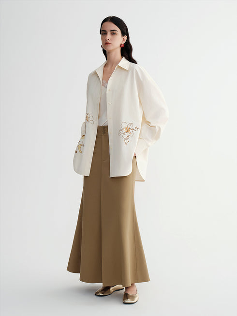 Chic Statement Cotton-Blend Mermaid Skirt with 3D Pleats & Flowy Silhouette | Elegant High-Waist Midi Skirt