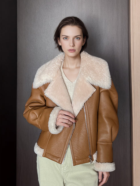 Eco-Friendly Faux Leather & Genuine Wool Shearling Jacket – Plush Flocked Lamb Fur Short Coat for Women