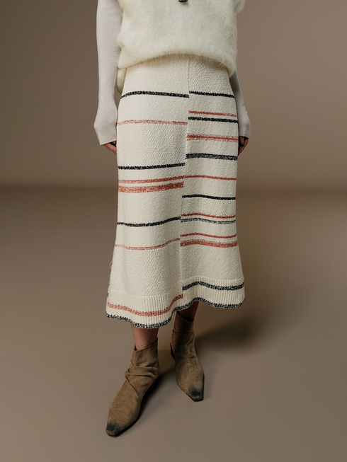 Lazy Winter Chunky Knit Colorblock Striped Stretch Midi Skirt