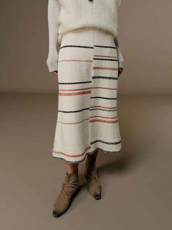 Lazy Winter Chunky Knit Colorblock Striped Stretch Midi Skirt