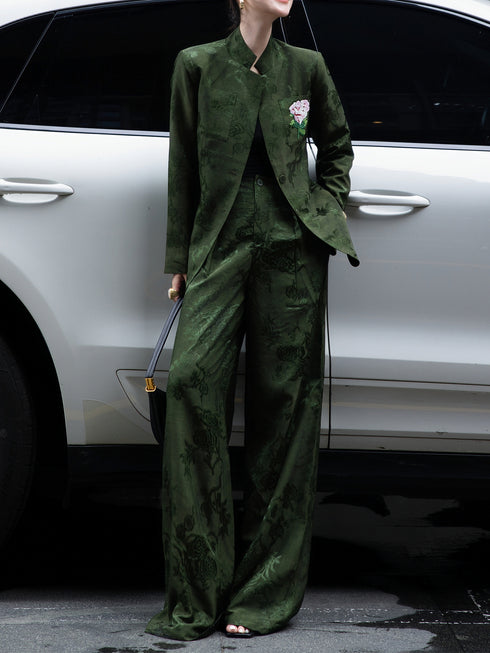 Embroidered Beaded Jacquard Suit Set – Sophisticated Blazer & Wide-Leg Pants