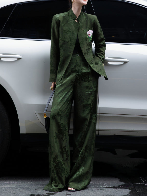 Embroidered Beaded Jacquard Suit Set – Sophisticated Blazer & Wide-Leg Pants