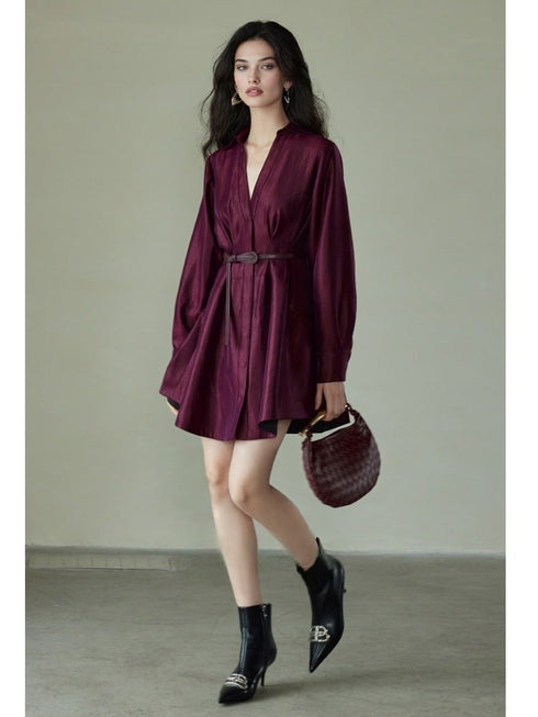 Lustrous Silk Brocade Shirt Dress – Structured Waistband, Full Skirt, Available in Long & Short Styles