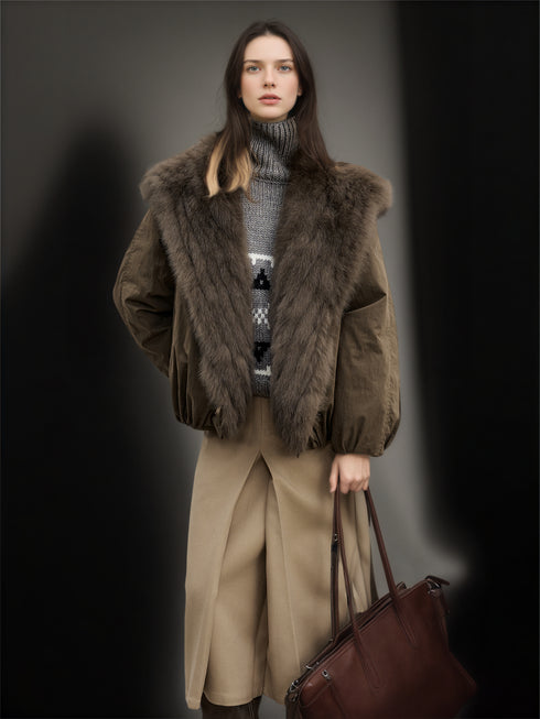 Women’s Short Down Parka Jacket with Fox Fur Hood | 90% White Goose Down Winter Coat