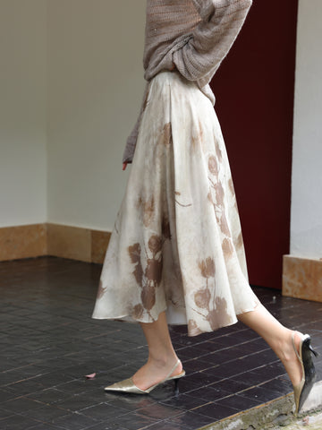 Lyocell Fiber Misty Floral Print Elegant A-Line Skirt | Airy, Graceful A-Line Midi Skirt for Women