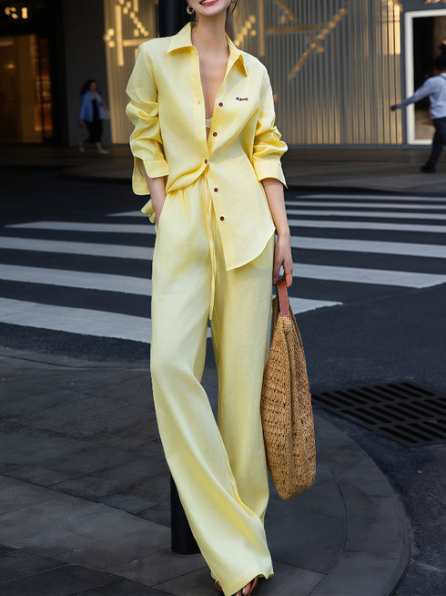 Simple Relaxed Linen Shirt & Pants Set – Early Fall Embroidered Sun Protection Two-Piece Outfit