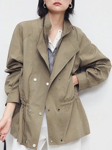Autumn Retro High-Density Cotton Drawstring Dual-Collar Utility Jacket
