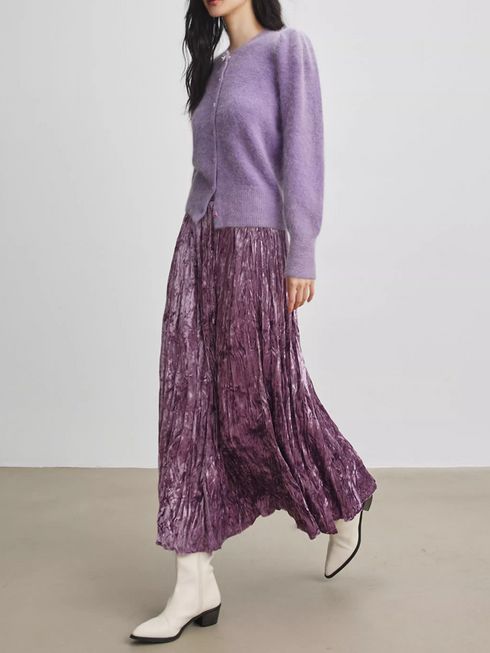 Champagne Velvet Pleated Skirt for Women — High-Waist Long A-Line Winter Skirt