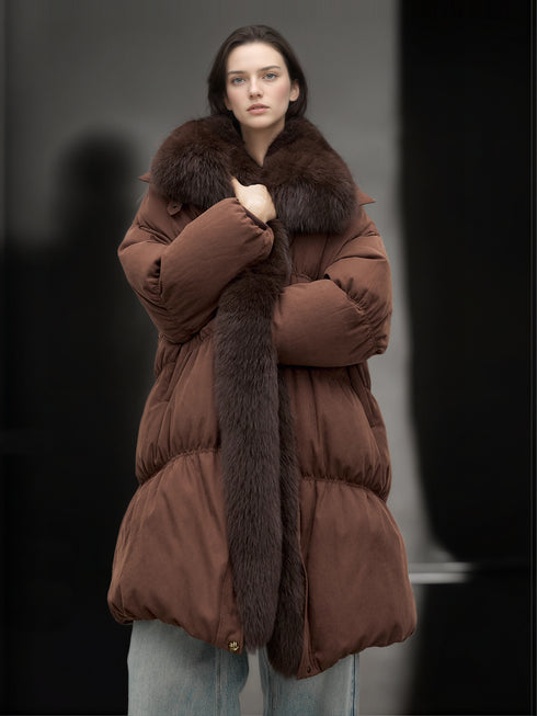 Women’s Mid-Length Down Coat with Fox Fur Hood | 90% White Goose Down Winter Jacket