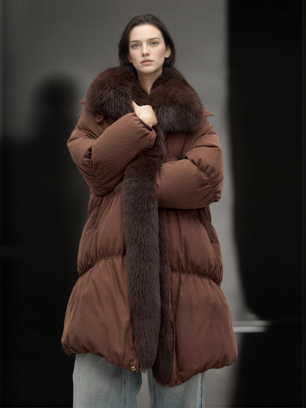 Women’s Mid-Length Down Coat with Fox Fur Hood | 90% White Goose Down Winter Jacket