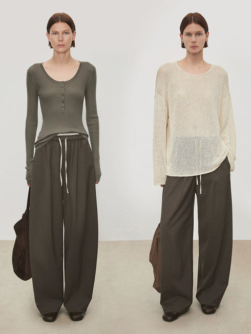 Women's Striped Balloon Pants – Italian Machine-Washable Wool & Linen Blend Elastic Waist Curved Hem Trousers