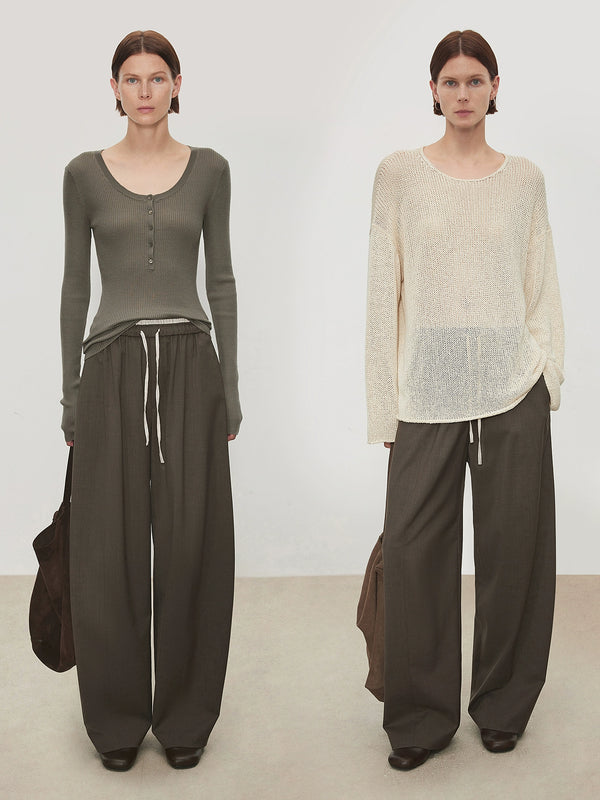 Women's Striped Balloon Pants – Italian Machine-Washable Wool & Linen Blend Elastic Waist Curved Hem Trousers