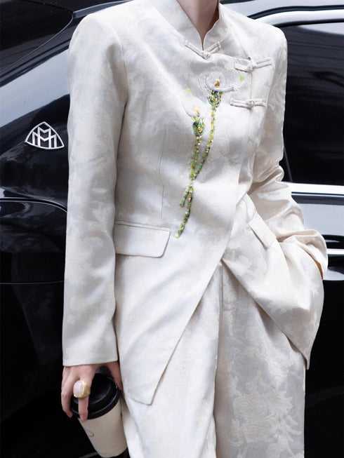 High-End Jacquard Suit Set – 3D Embroidered Blazer & Wide-Leg Pants