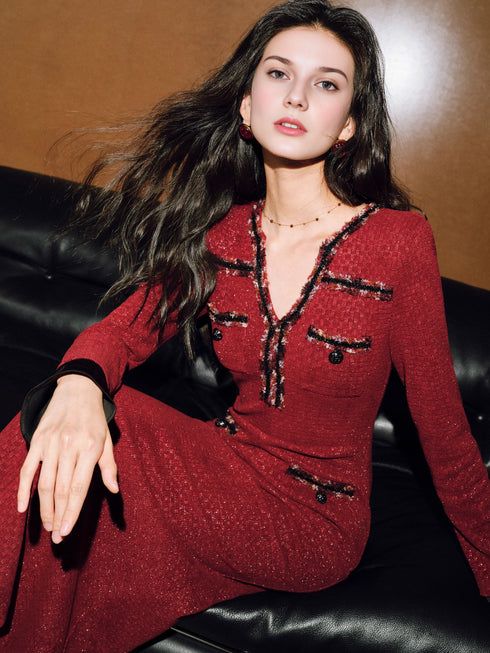 Heavyweight Silver-Thread Bouclé Dress with Custom Ribbon – Tweed-Style Fitted Waist Mermaid Dress for Women