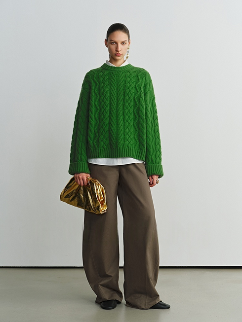 Retro Green Wool Cable Knit Sweater – Loose Christmas Pullover for Women, Autumn Winter Outfit