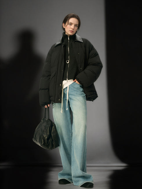 95% White Goose Down Lightweight Puffer Jacket for Women with Leather-Trim Collar and Relaxed MIU-Inspired Design