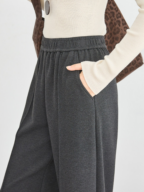 Women's High-Waist White Acetate-Wool Casual Pants – Extended Draped Floor-Length Loose Straight Trousers for Winter