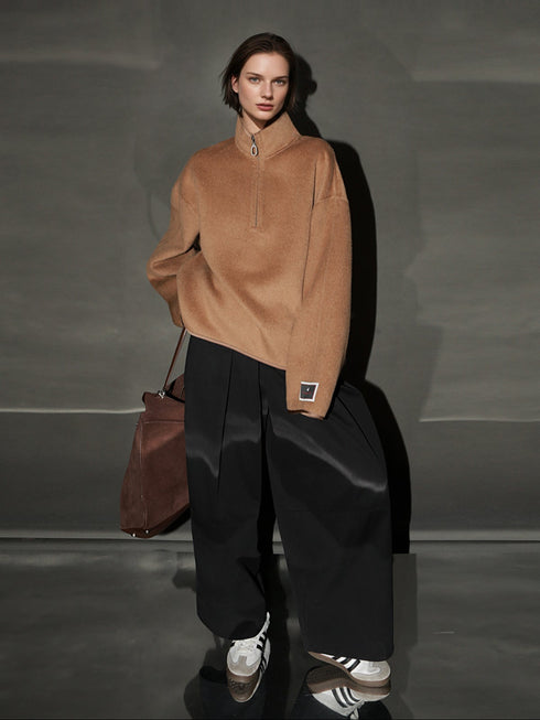 Oversized Camel Hair Sweatshirt Coat for Women – Stand Collar Double-Faced Wool Jacket with Minimalist Luxe Style