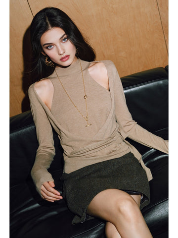 Ultra-Fine Australian Wool & High-Density Tencel Cross Tie Lazy Knit Sweater – Faux Two-Piece Design