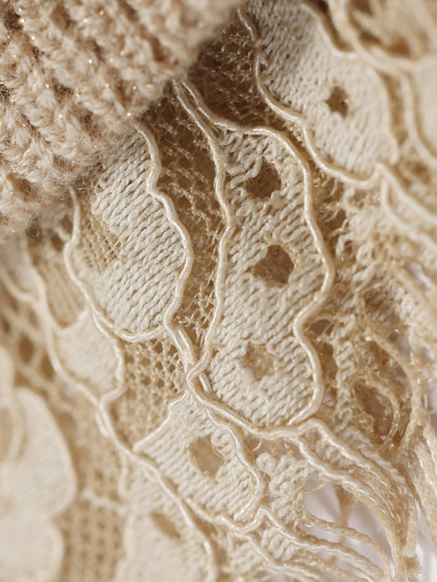 Shimmery Wool Waffle-Texture Maxi Dress with V-Neck Tie and Lace Trim