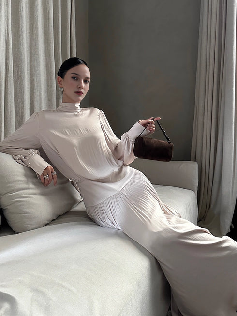 French-Style Satin Ruched Long-Sleeve Maxi Dress for Women – Elegant Pleated Evening-Inspired Fall Outfit