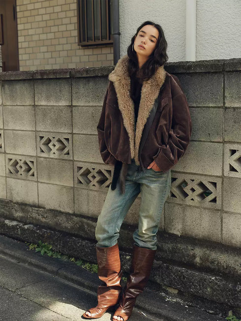 Detachable Wool-Collar Herringbone Sheepskin Parka – Camel-Wool Filled Winter Coat for Women