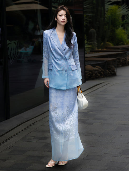 High-End Vintage Jacquard Two-Piece Set – Blue Blazer & Straight Mesh Skirt for Women