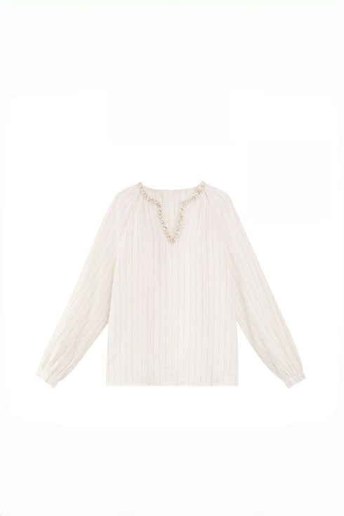 Luxury Linen Striped Shirt – Handcrafted Loose Fit Casual Shirt with Gold Glitter Collar for Women