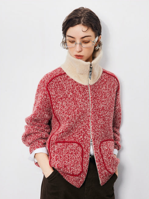 Women's Pure Cashmere Vintage Marled Zip-Up Cardigan – Relaxed Stand-Collar Knit Sweater