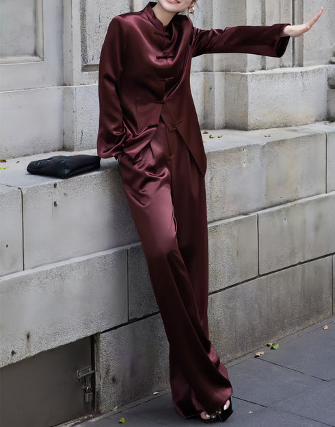 Elegant Acetate Blazer & Wide-Leg Pants Set – Autumn Two-Piece