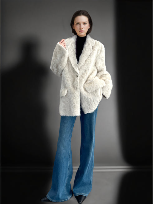 Women’s Faux Shearling Blazer Coat with V-Neck | Chic Bouclé Style Eco Fur Jacket for Winter