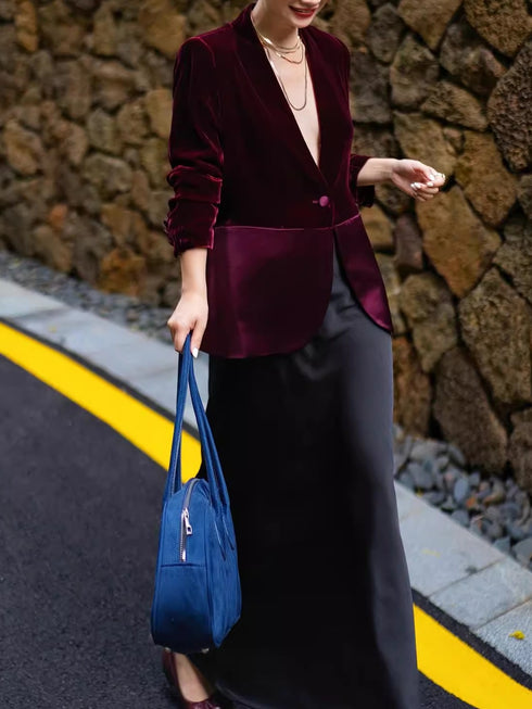 Luxurious Silk Velvet-Panelled Acetate Blazer – Autumn Versatile Single Suit Jacket