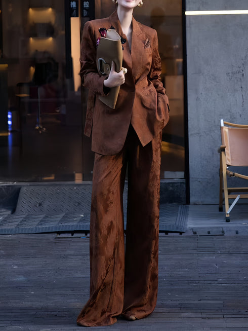 Quiet Luxury Suit Set – Premium Retro Jacquard & Beaded Wide-Leg Two-Piece