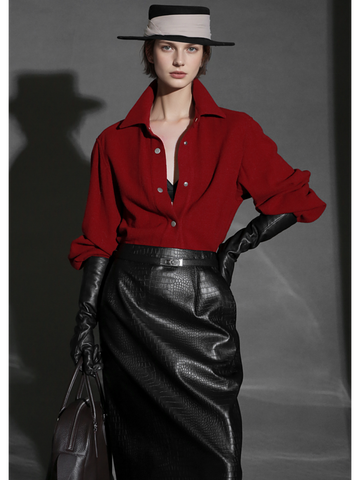 Old Money Style Wool Textured Shirt for Women – Luxury Fitted Button-Up Blouse with Metal Details, Fall Winter Collection