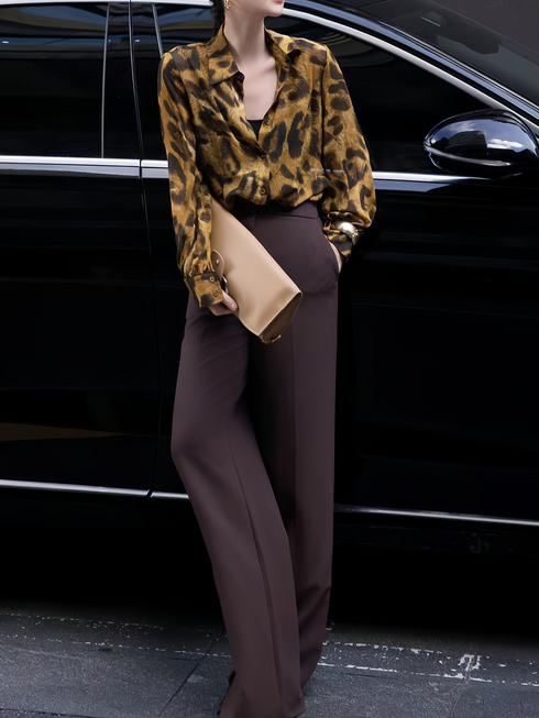 French Vintage Leopard Print Polo Shirt for Women – Elegant Loose-Fit Long Sleeve Top, Versatile & Timeless Style