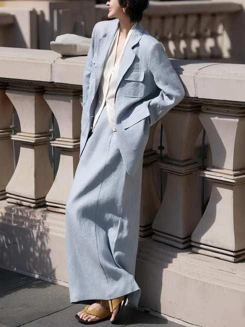 Old Money Autumn Suit Set – Relaxed Linen Blazer & Skirt Two-Piece