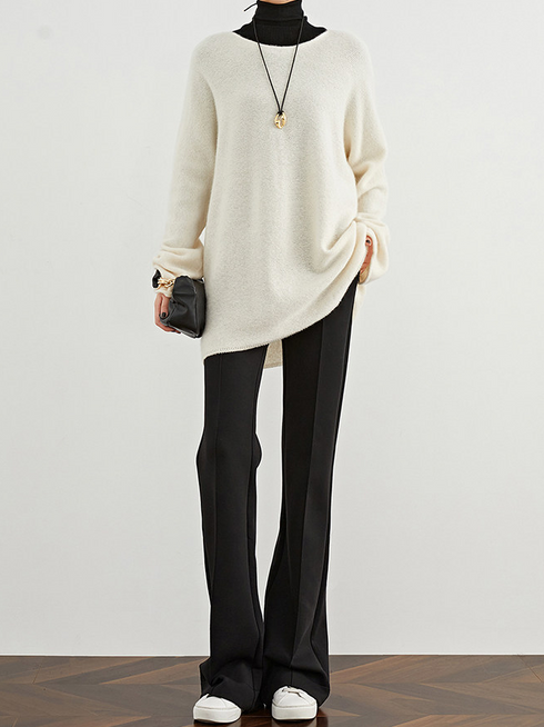 Women's Black Horseshoe Pants – Fleece-Lined Slim Straight Slightly Flared Casual Trousers for Fall/Winter