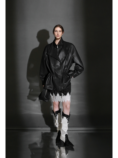 Double-Layer Collar Lambskin Leather Jacket – Chic and Bold Women’s Premium Leather Outerwear, Unique Design