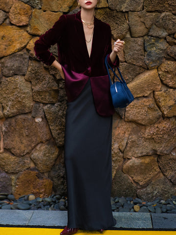 Luxurious Silk Velvet-Panelled Acetate Blazer – Autumn Versatile Single Suit Jacket